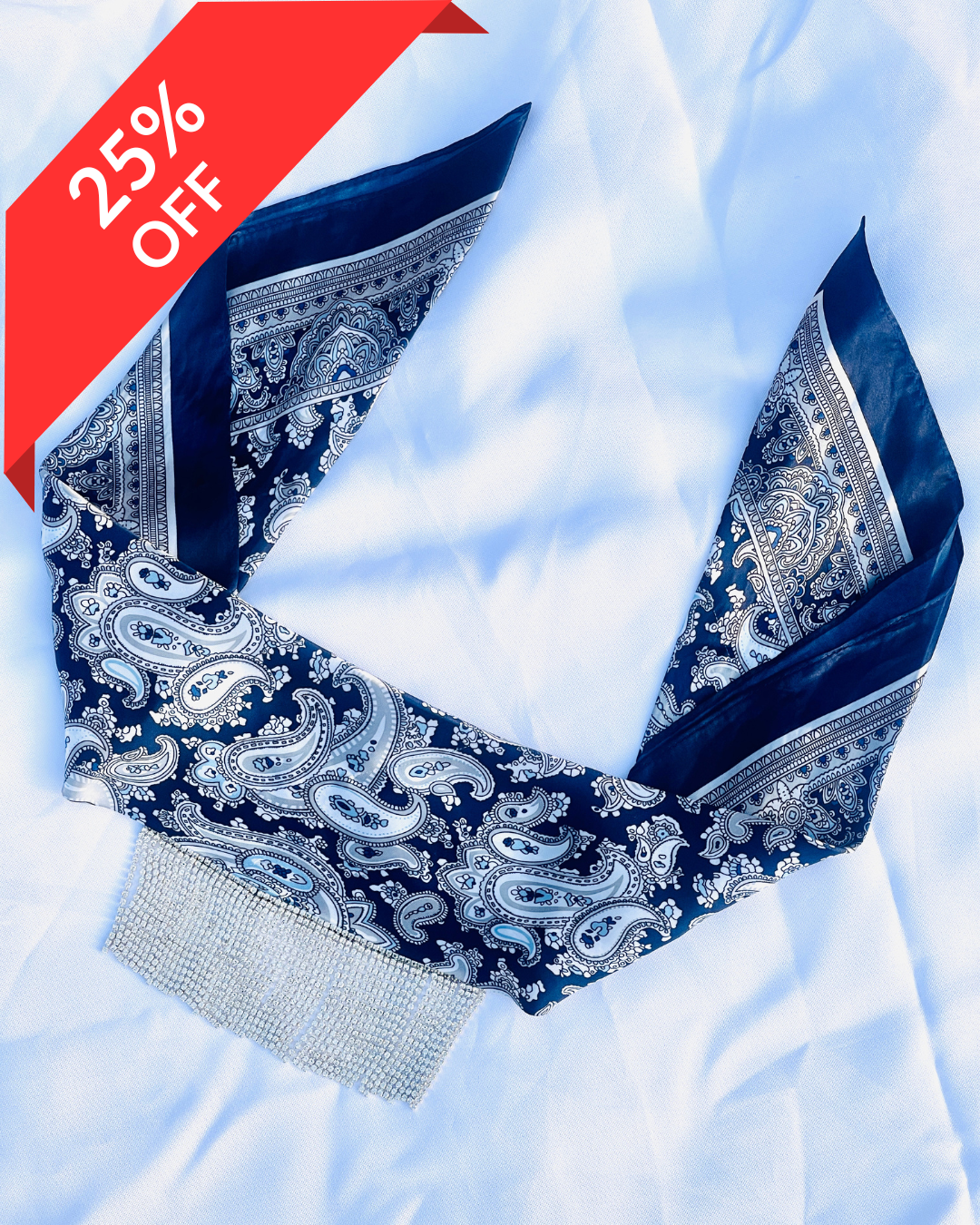 Midnight Eve navy blue paisley bandana with silver rhinestone fringe.