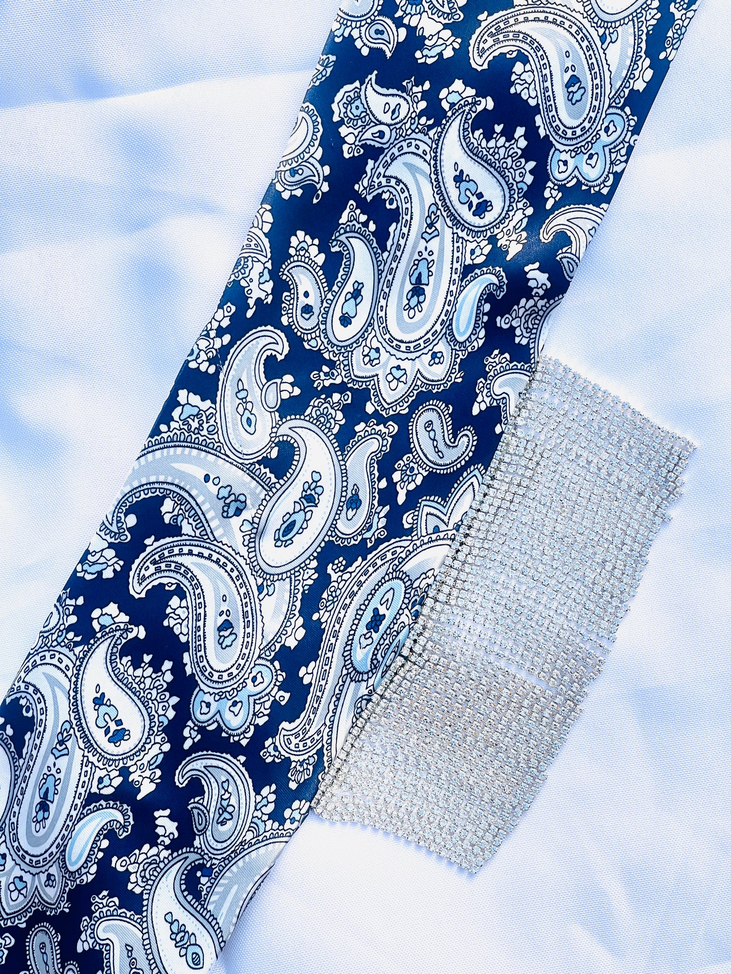 Midnight Eve navy blue paisley bandana with silver rhinestone fringe