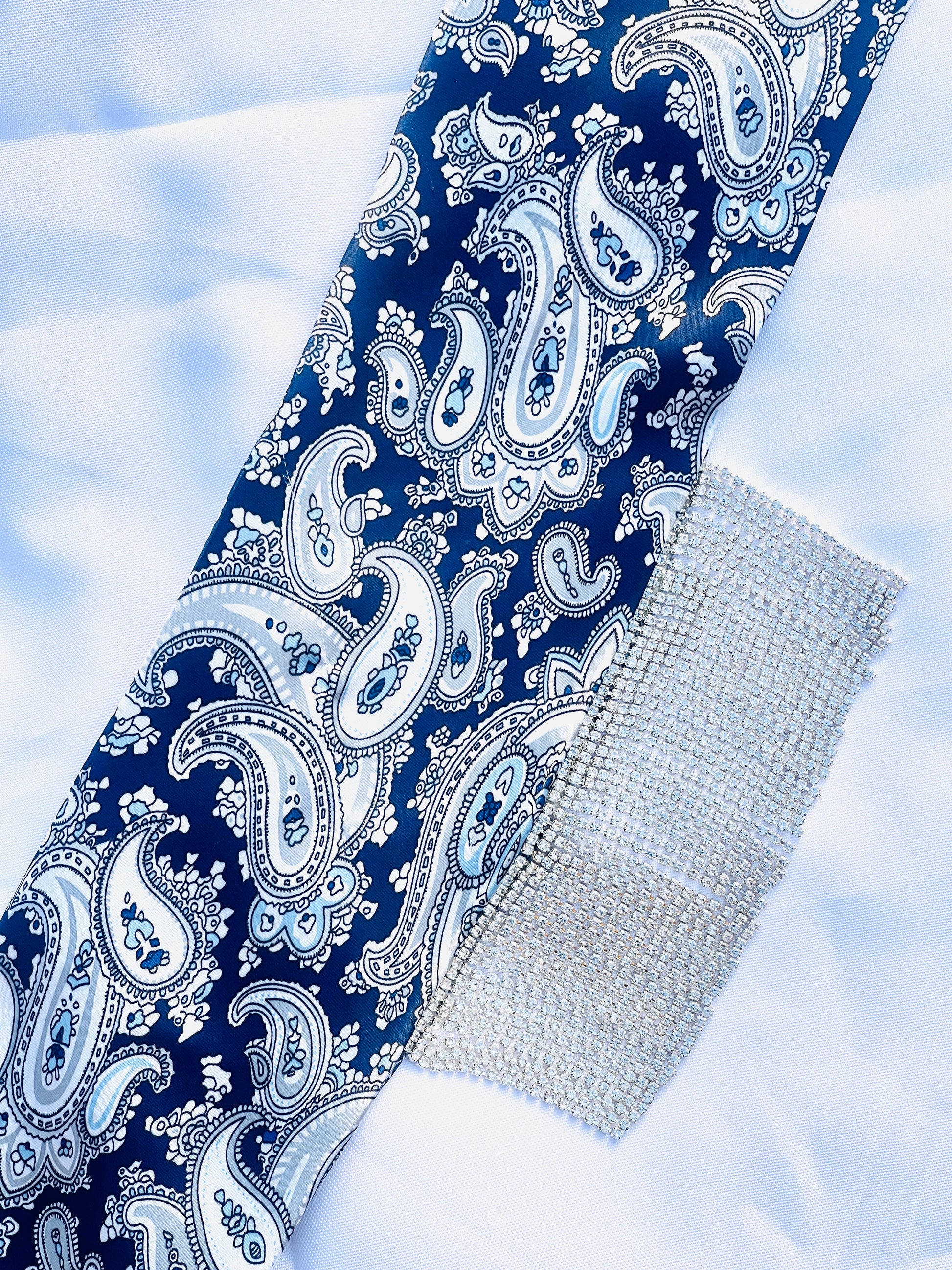 Midnight Eve navy blue paisley bandana with silver rhinestone fringe