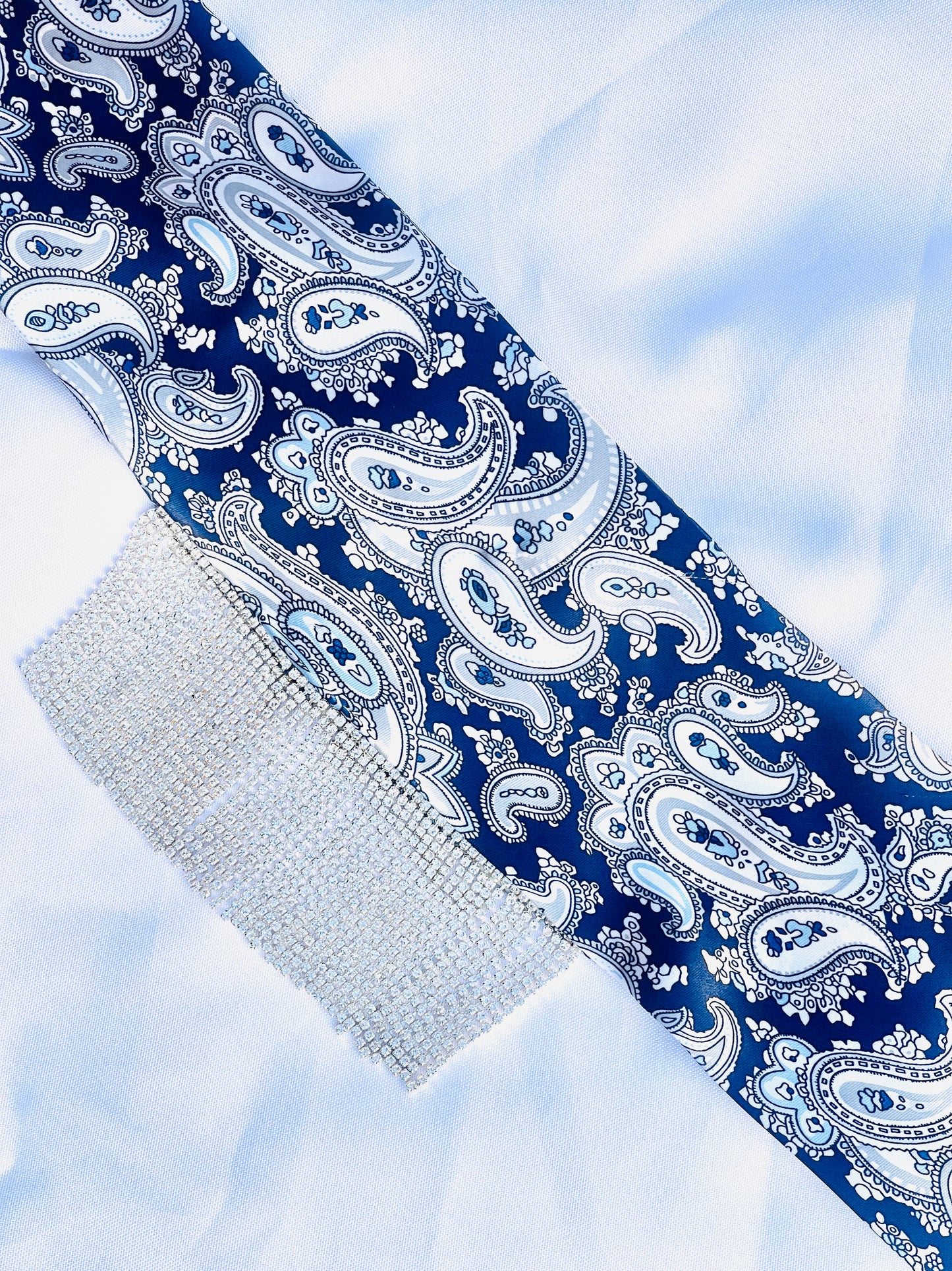Midnight Eve navy blue paisley bandana with silver rhinestone fringe