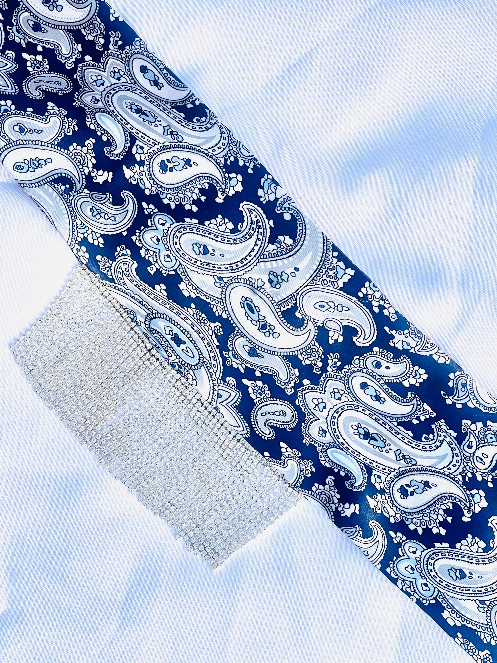 Midnight Eve navy blue paisley bandana with silver rhinestone fringe