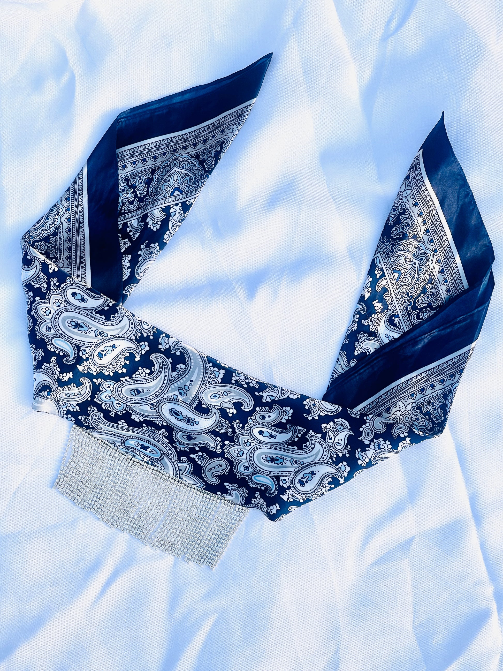 Midnight Eve navy blue paisley bandana with silver rhinestone fringe