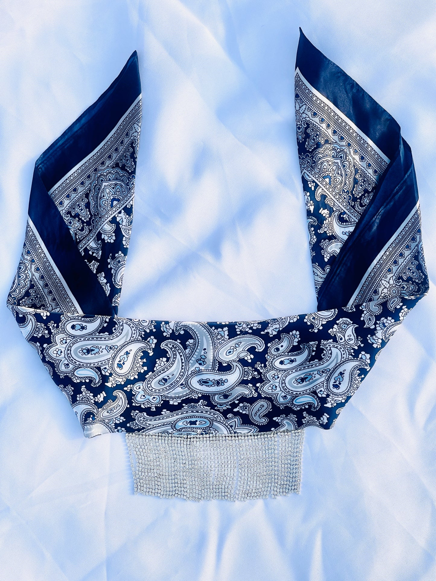 Midnight Eve navy blue paisley bandana with silver rhinestone fringe