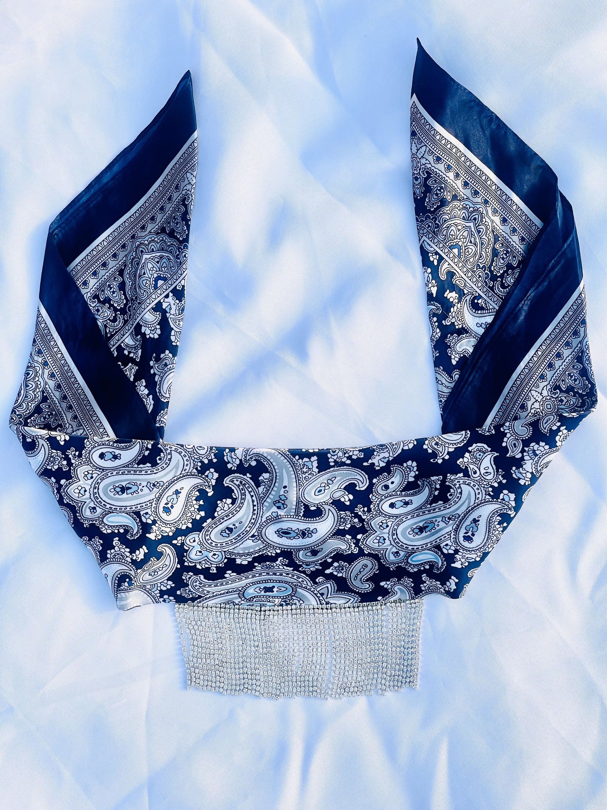 Midnight Eve navy blue paisley bandana with silver rhinestone fringe