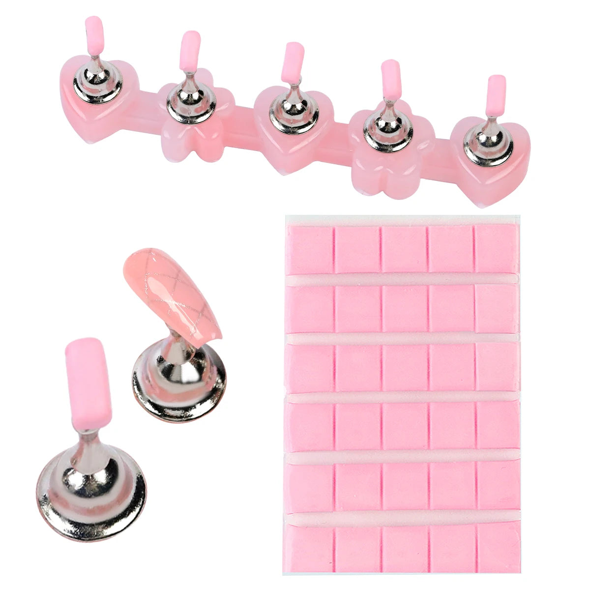 Pink and silver earring set with a pink silicone mat on a white background