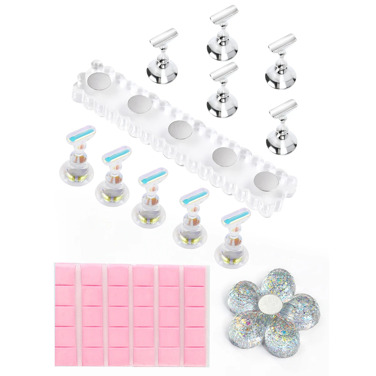 Set of soap-making tools including molds, molds with lids, and a flower-shaped mold on a white background.