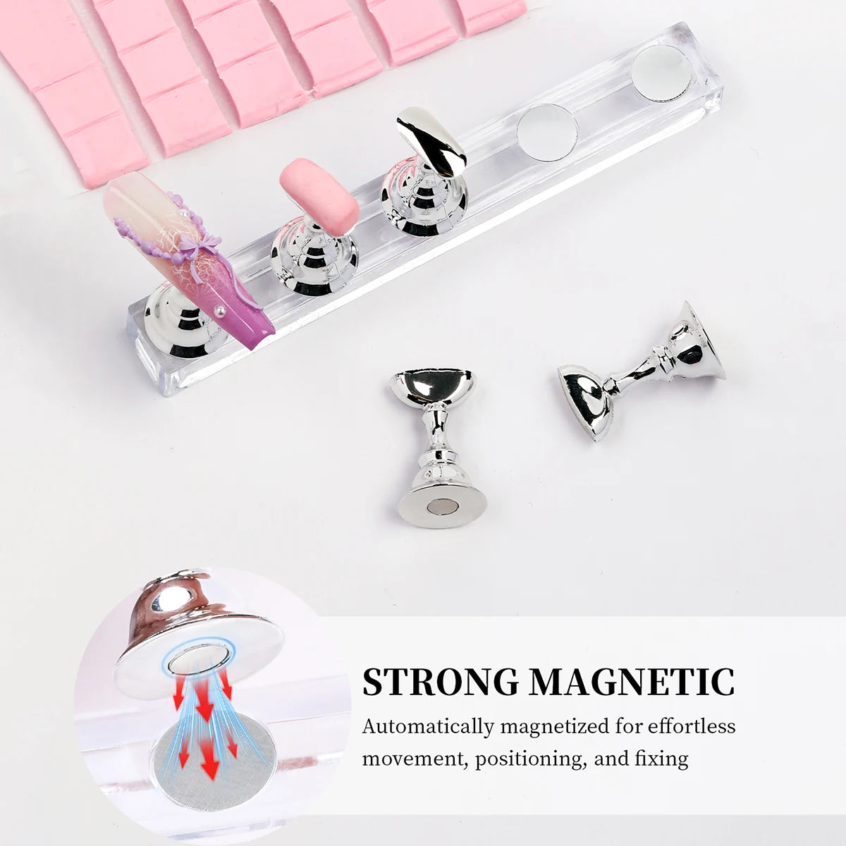 Silver magnetic components on a white background with text highlighting their strong magnetic properties.