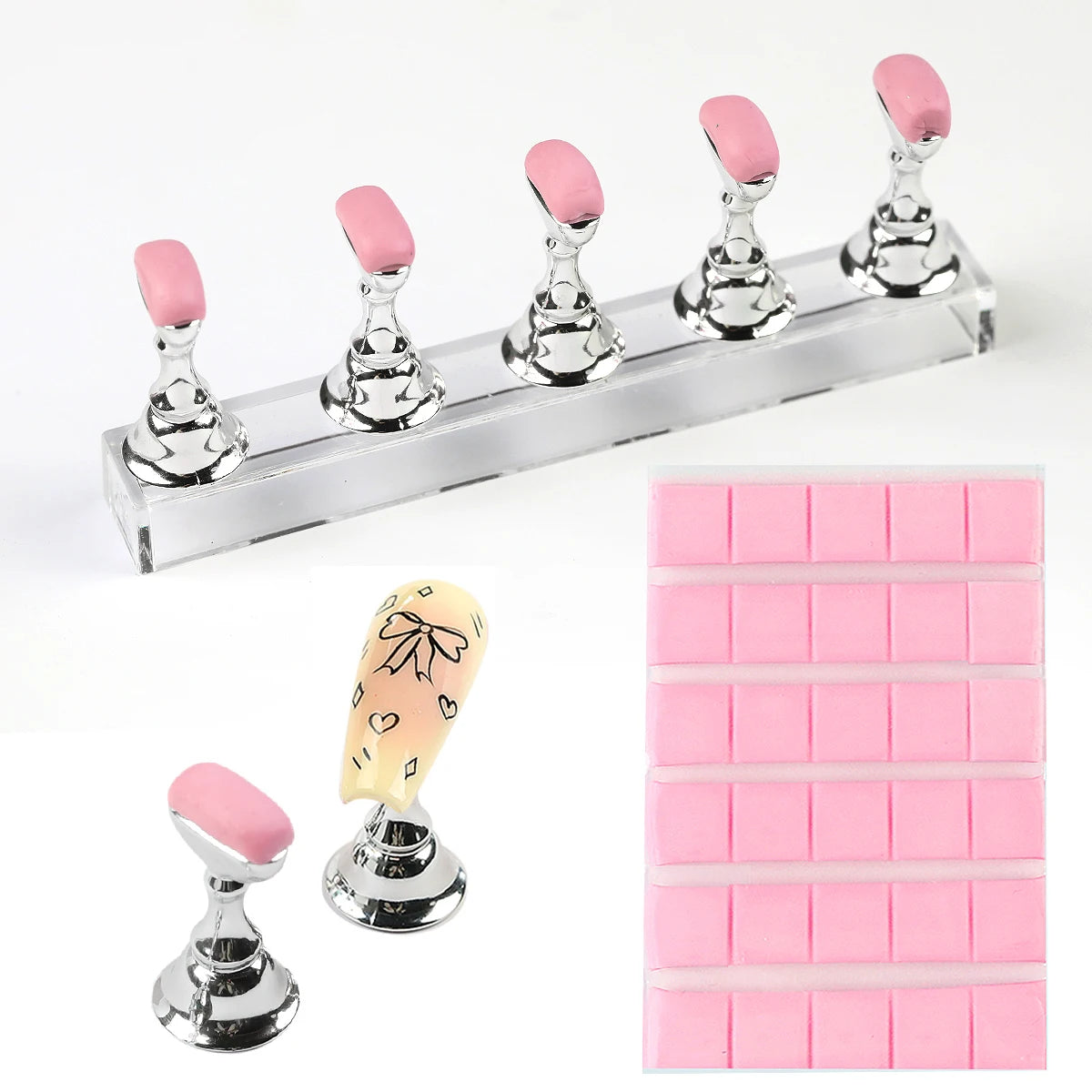 Set of pink silicone mold trays with metal handles on a white background
