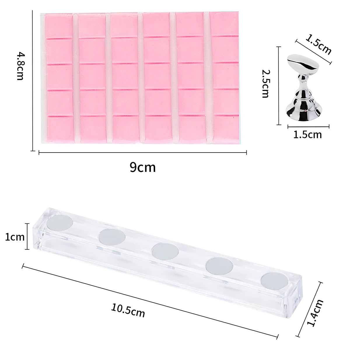 Dimensions of a pink wax mold and a clear plastic holder on a white background