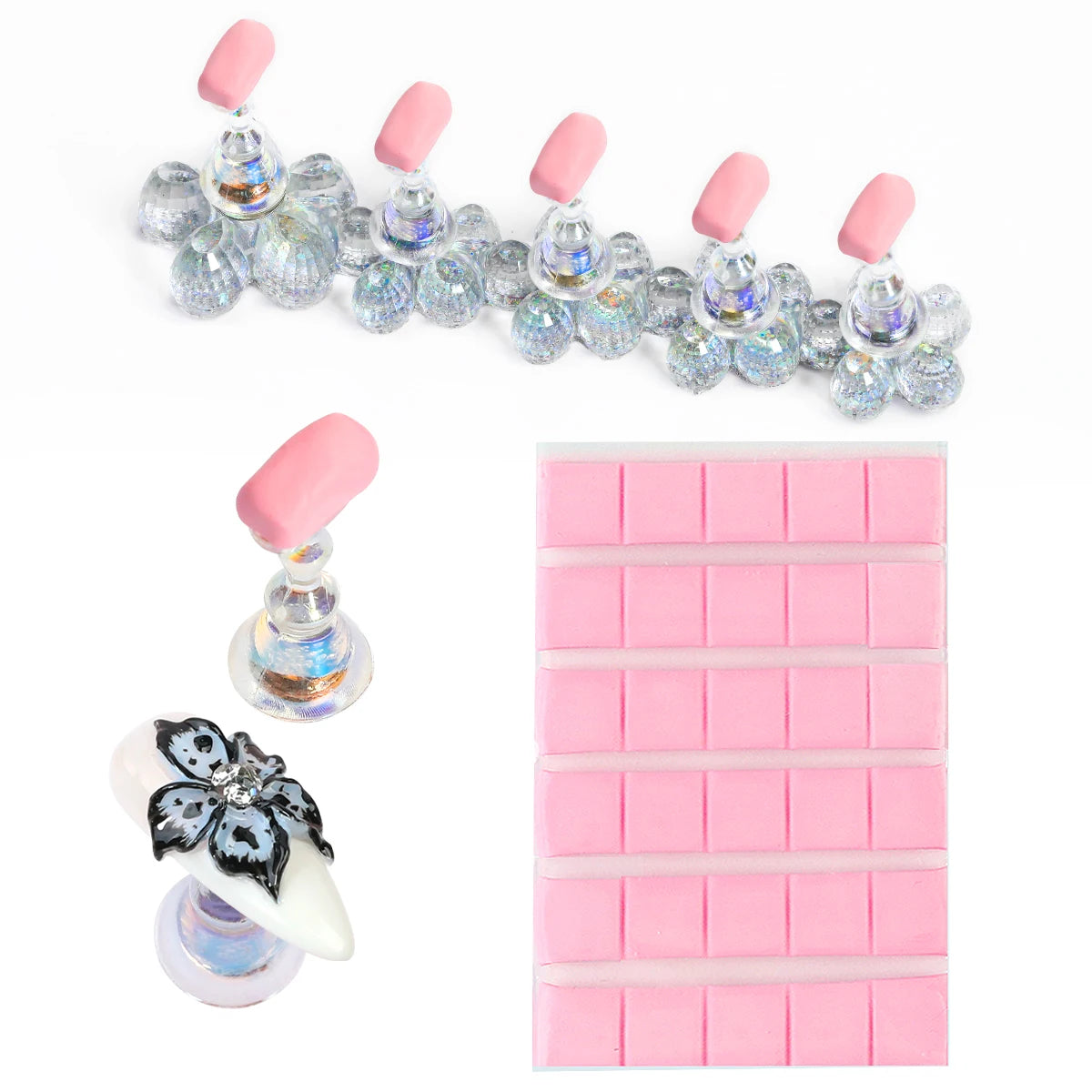 Set of nail art tools including a nail drill, nail tips, and a pink silicone mold on a white background.