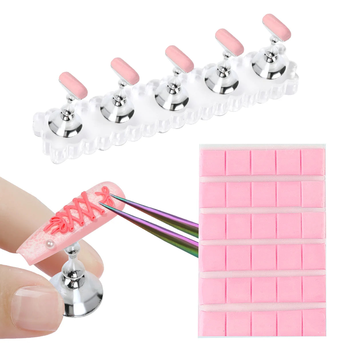 Nail art tool set with pink and silver components on a white background