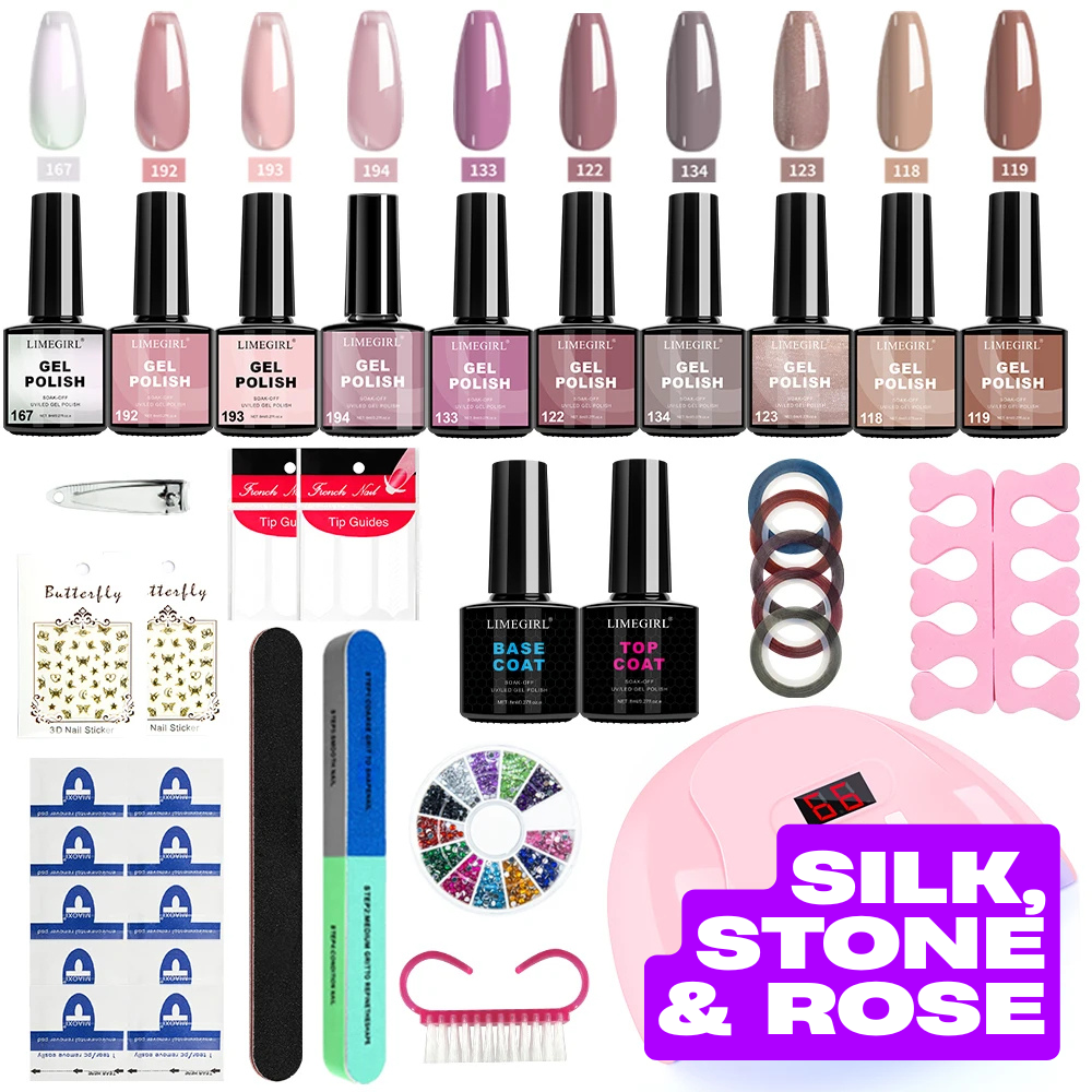 Collection of nail polish bottles, tools, and accessories. Silk, Stone & Rose Collection.