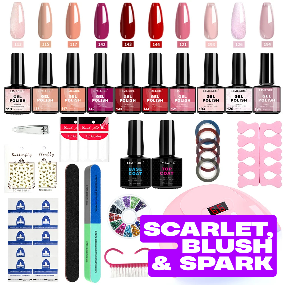 Collection of nail polish bottles, tools, and accessories. Scarlet, Blush & Spark Collection.