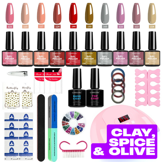 Collection of nail polish bottles, tools, and accessories with a visible brand logo. Clay, Spice & Olive Collection.