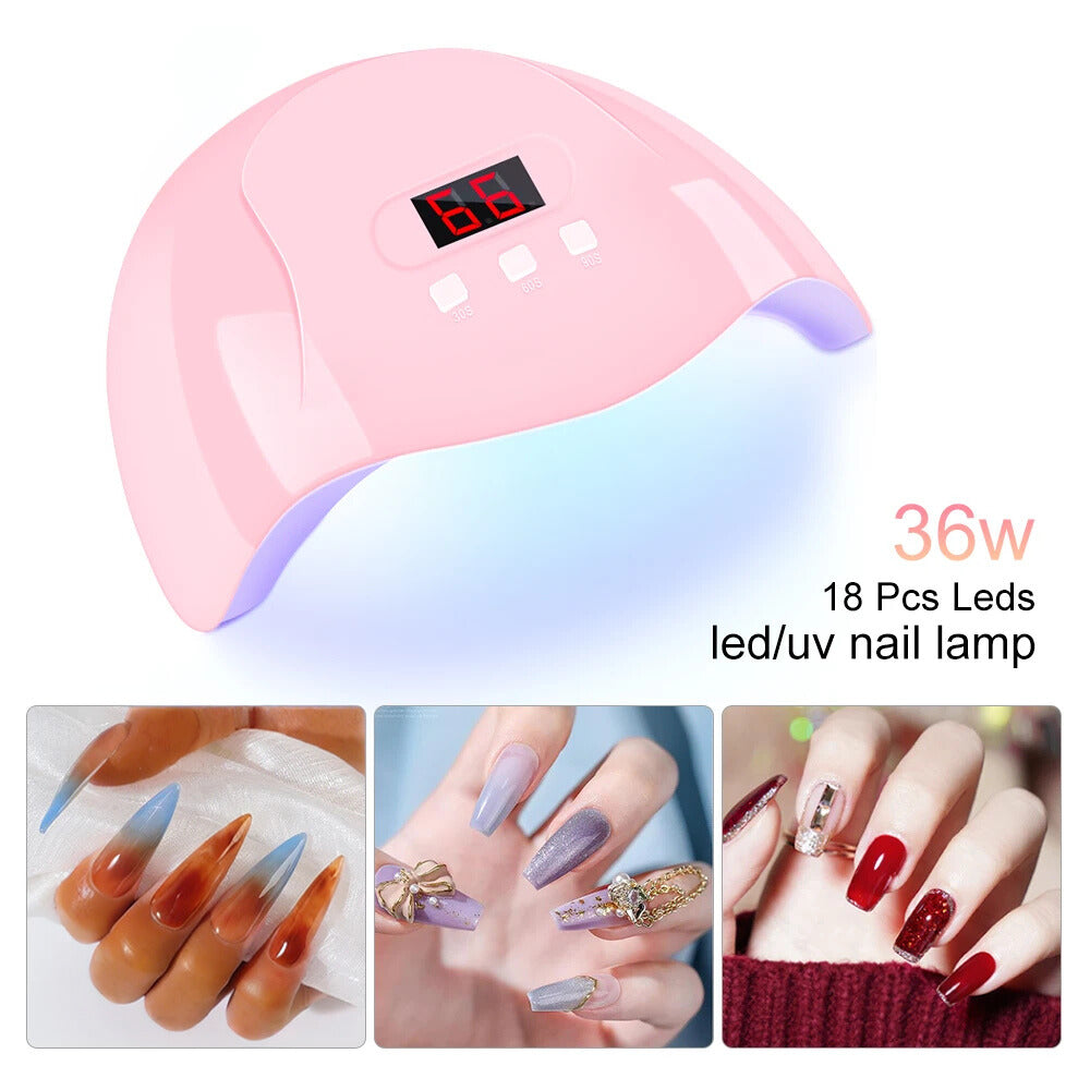 Pink LED/UV nail lamp with digital display and images of nails being dried.