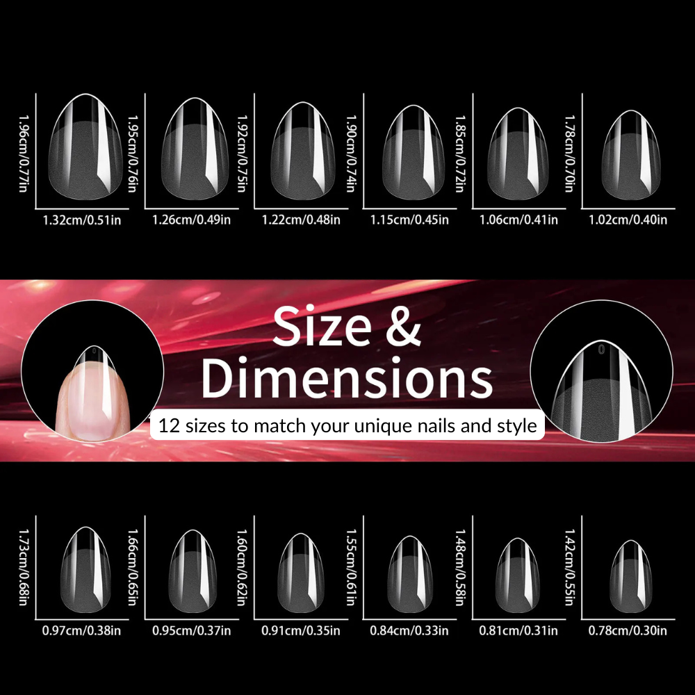 Nail tip size chart with dimensions on a black background