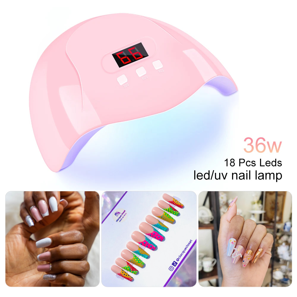 Pink LED/UV nail lamp with digital display and images of nails being dried.