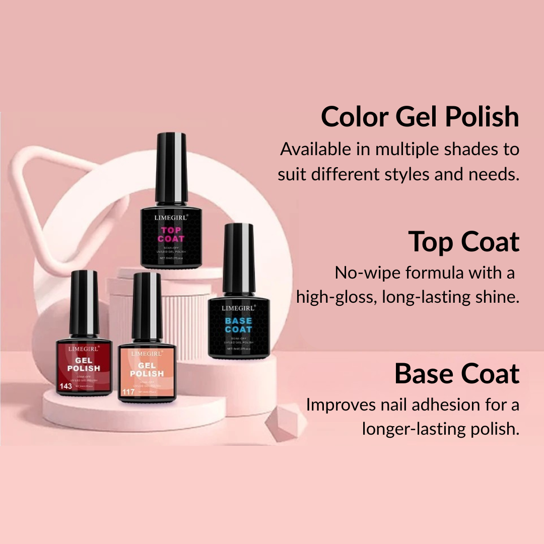 Collection of nail gel polish bottles with product information on a pink background