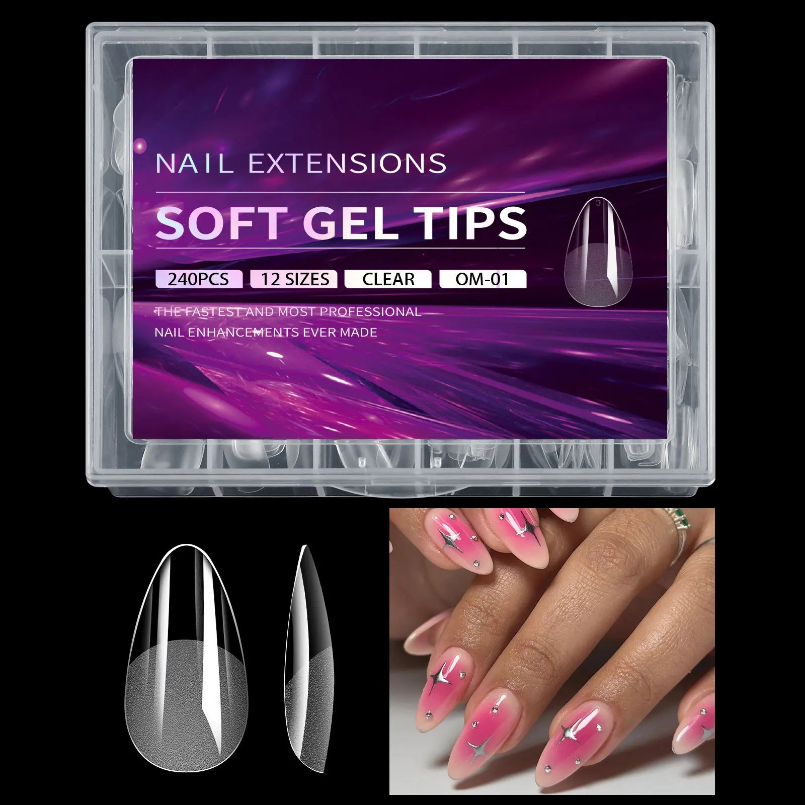 Nail extension kit with soft gel tips packaging, nail samples, and application on nails.