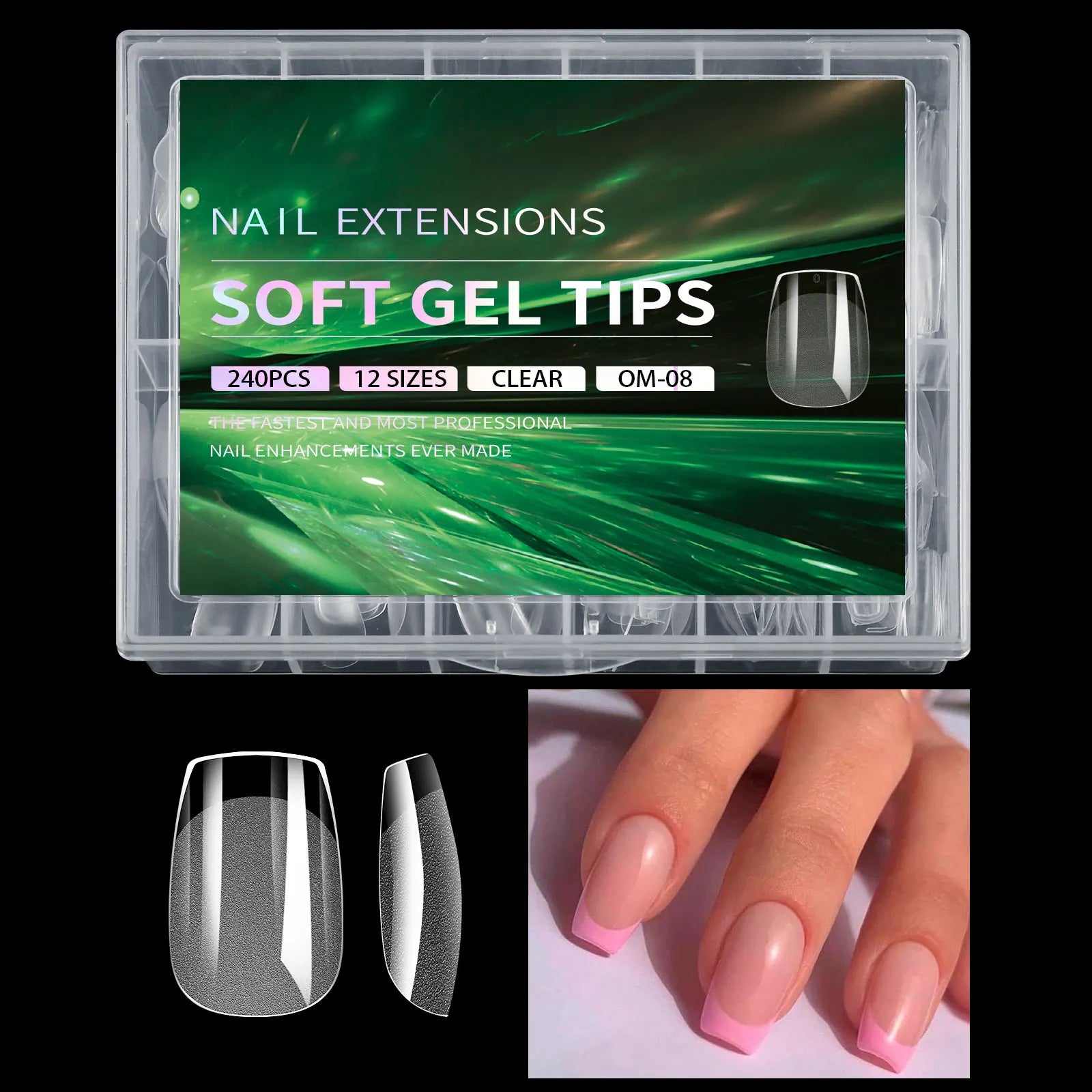Nail extension soft gel tips packaging with a close-up of nails wearing pink polish.