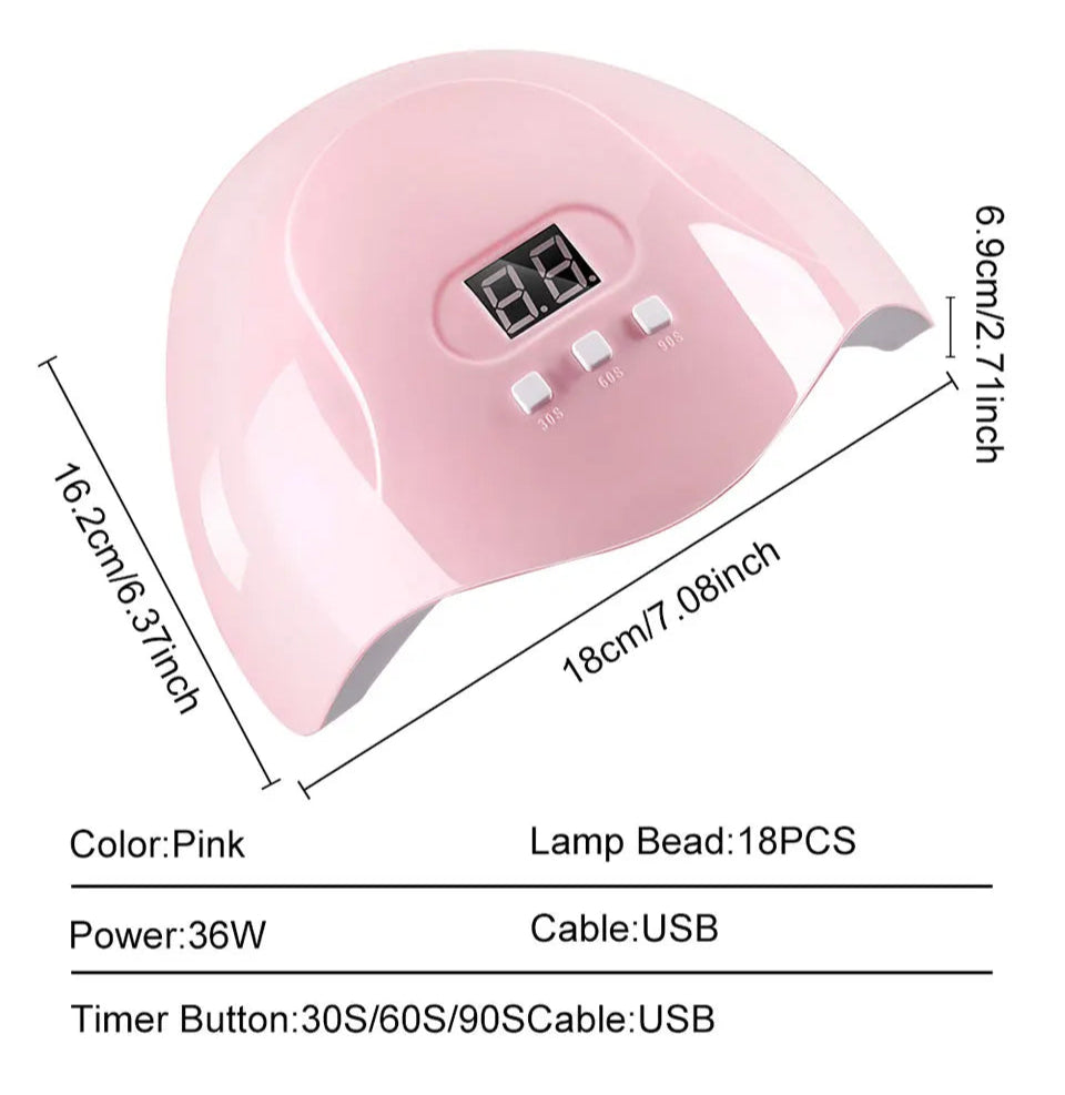 Pink LED/UV nail lamp with measurements and specifications on a white background