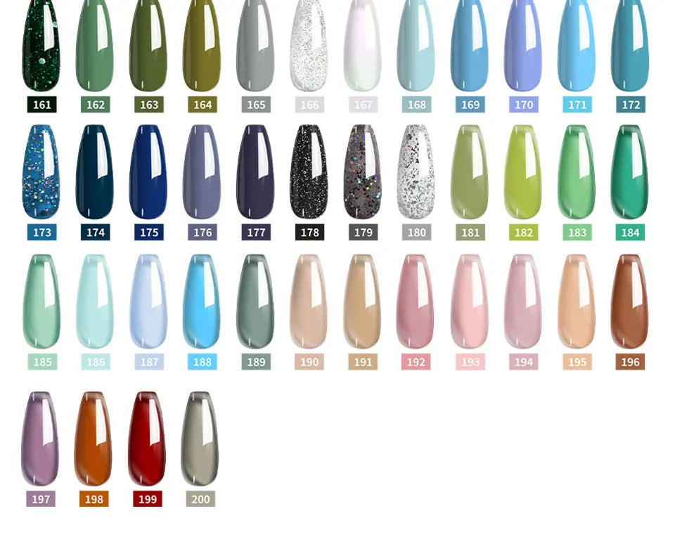 Color gel polish swatches and product packaging with text on a pink background