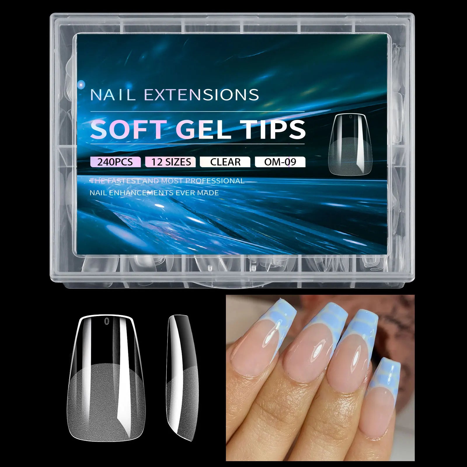 Nail extension soft gel tips packaging with clear tips and application on nails.