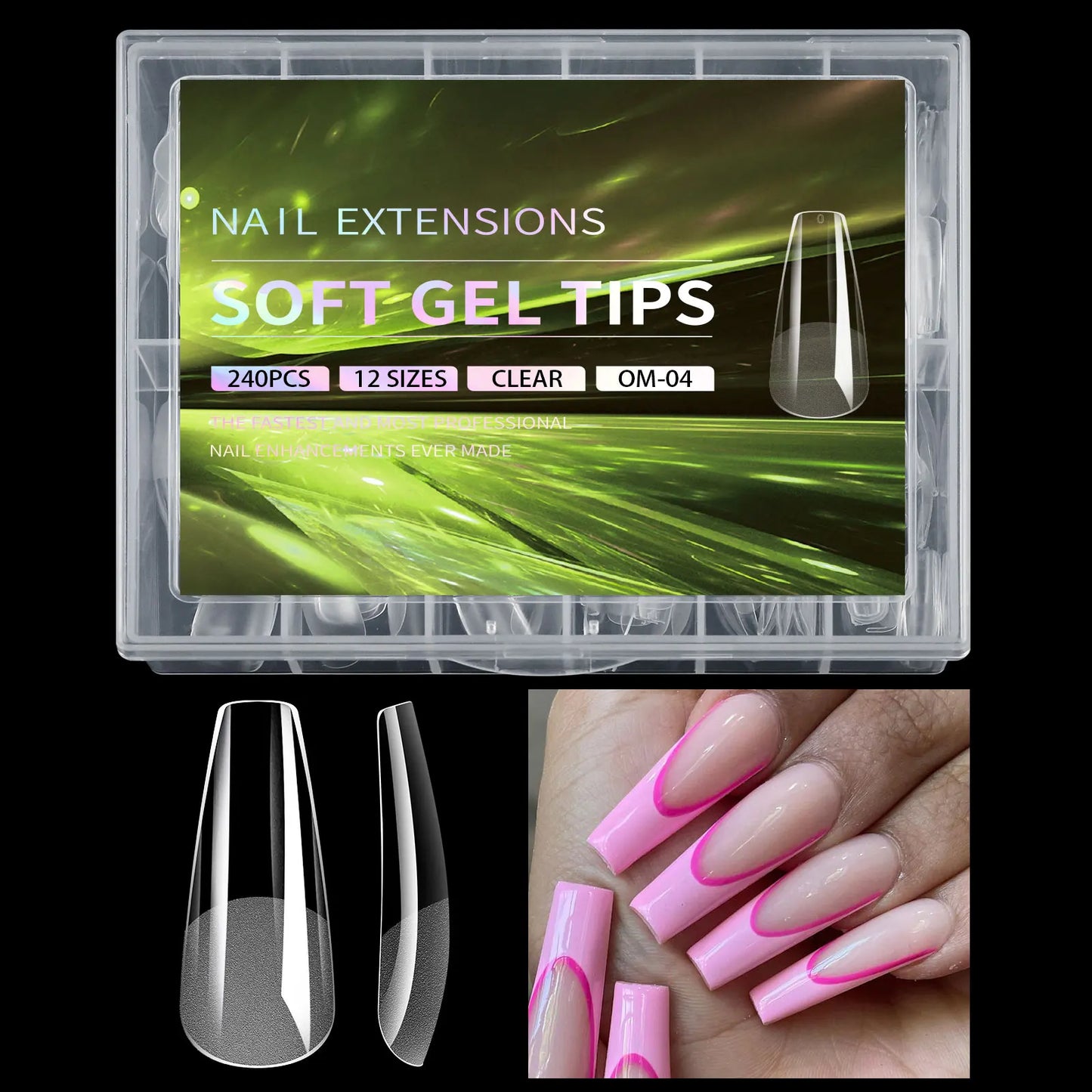 Nail extension kit with clear soft gel tips and pink nail designs on a black background.