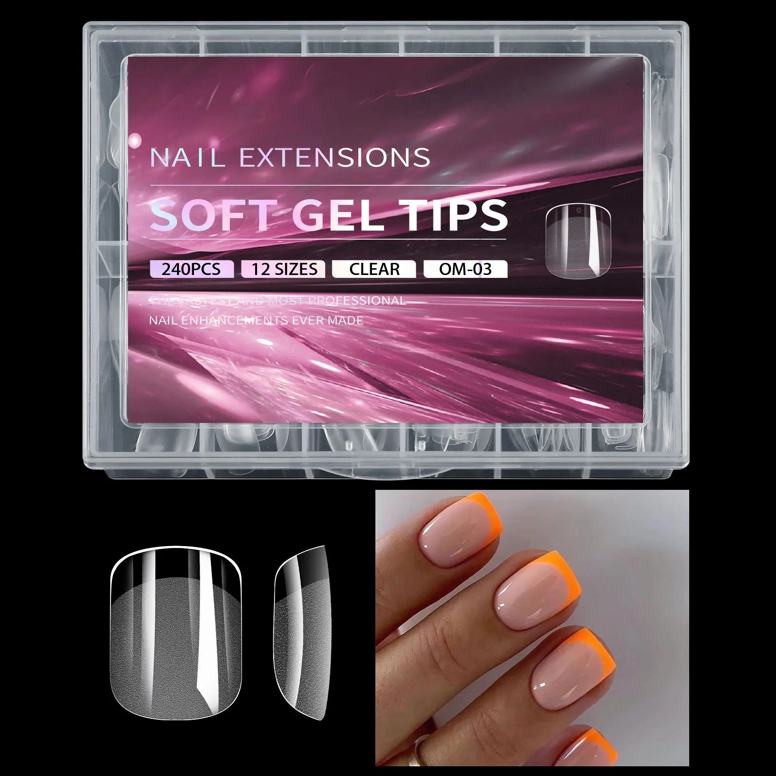 Nail extension kit with clear gel tips and a sample application on nails.