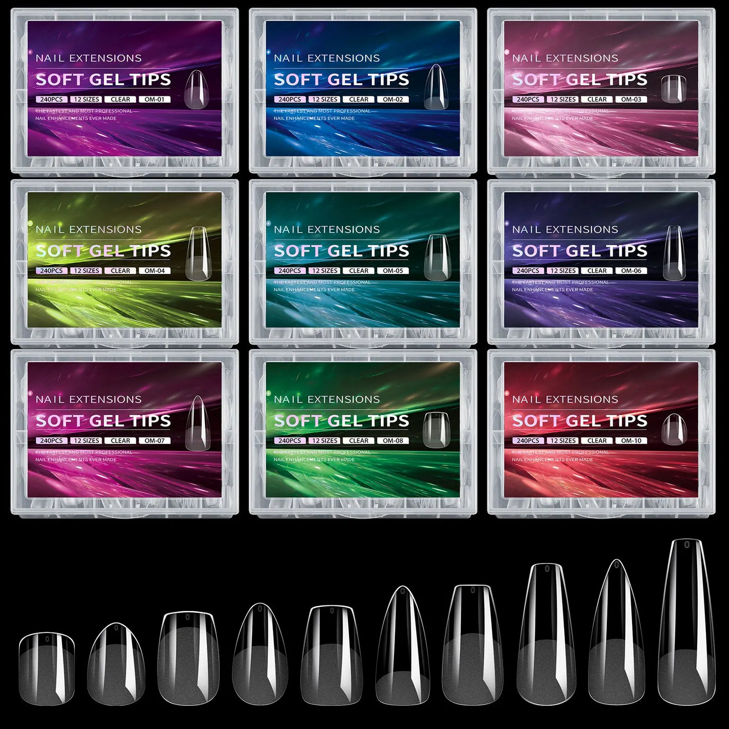 Set of nail extension soft gel tips packaging with sample tips displayed below.