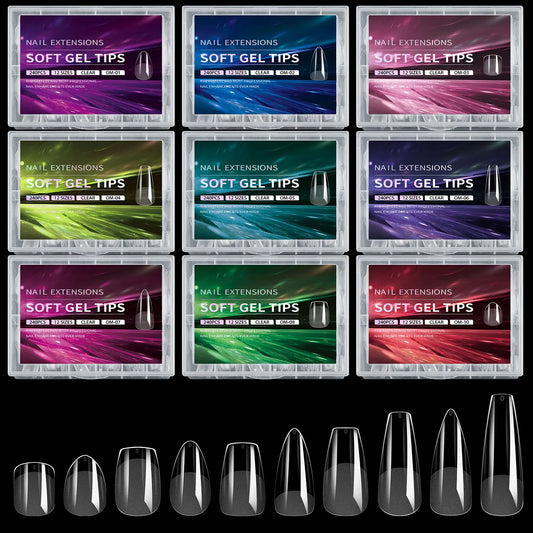 Set of nail extension soft gel tips packaging with sample tips displayed below.