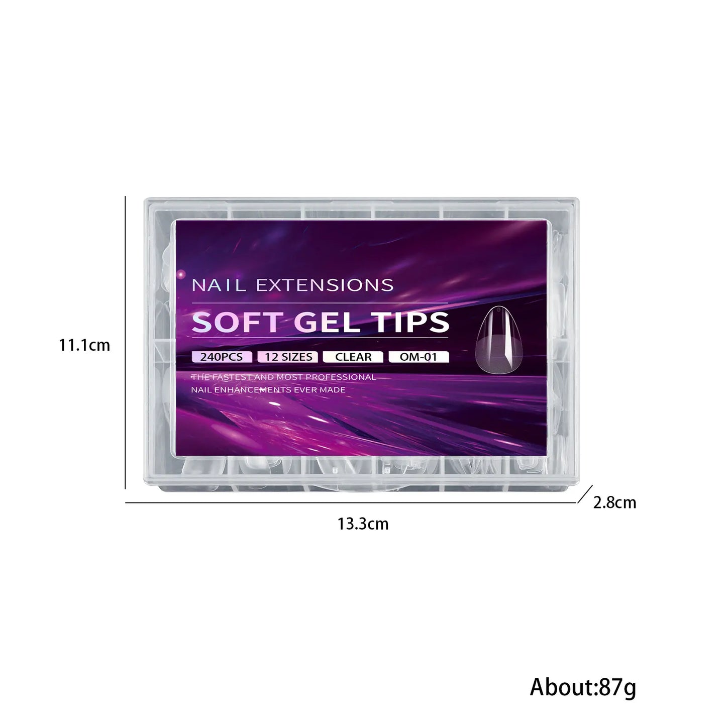 Box of nail extensions with dimensions and weight information on a white background