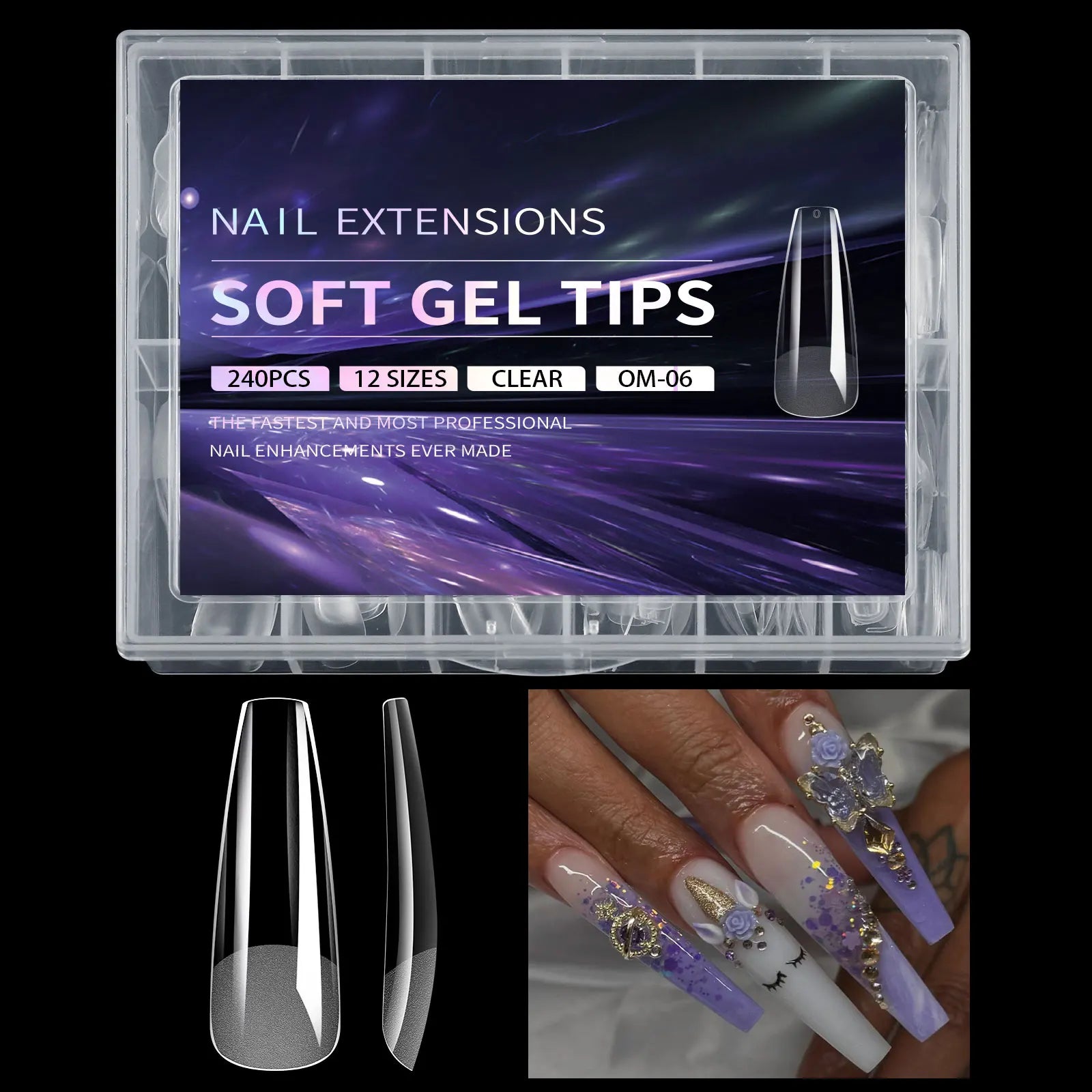 Nail extension soft gel tips packaging with clear tips and a nail art example.