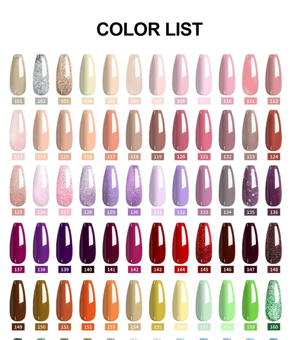 Nail color chart with various shades of pink, purple, and other colors.