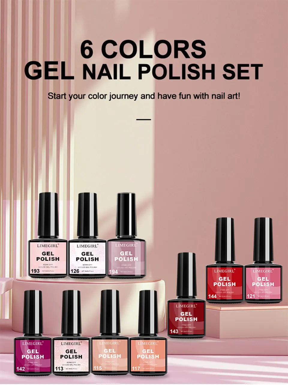 Set of gel nail polish bottles with a pink and beige background