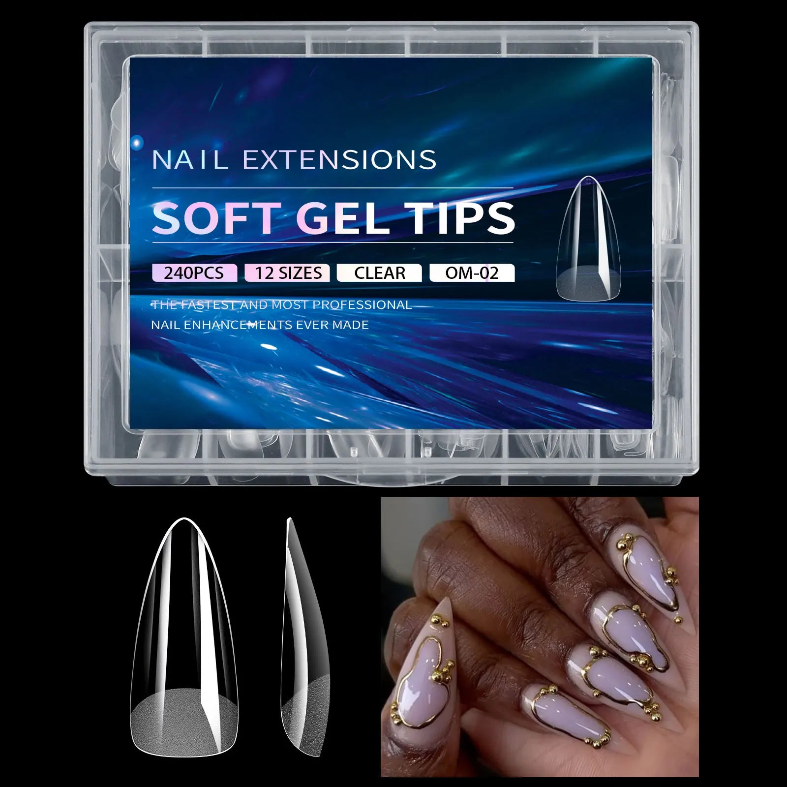 Nail extension soft gel tips packaging with clear nail tips and a hand with decorated nails.
