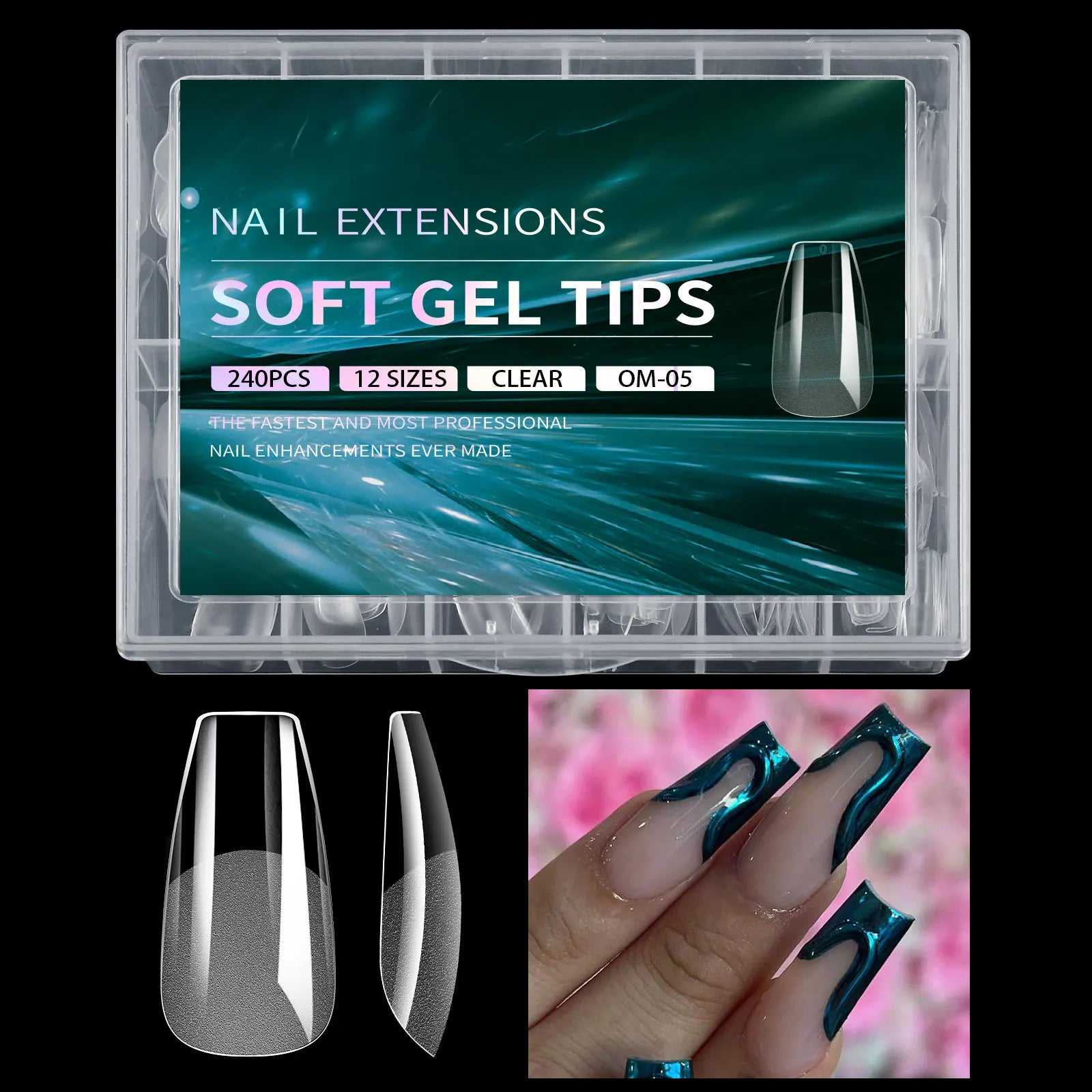 Box of nail extensions with clear gel tips and a hand wearing the extensions.