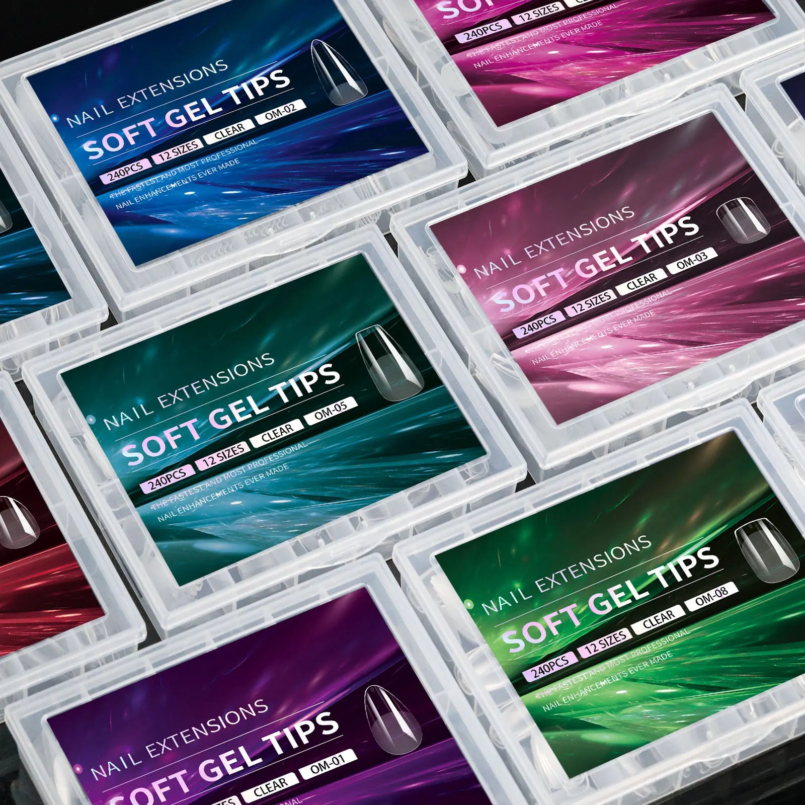 Multiple boxes of nail extensions with colorful packaging on a black background