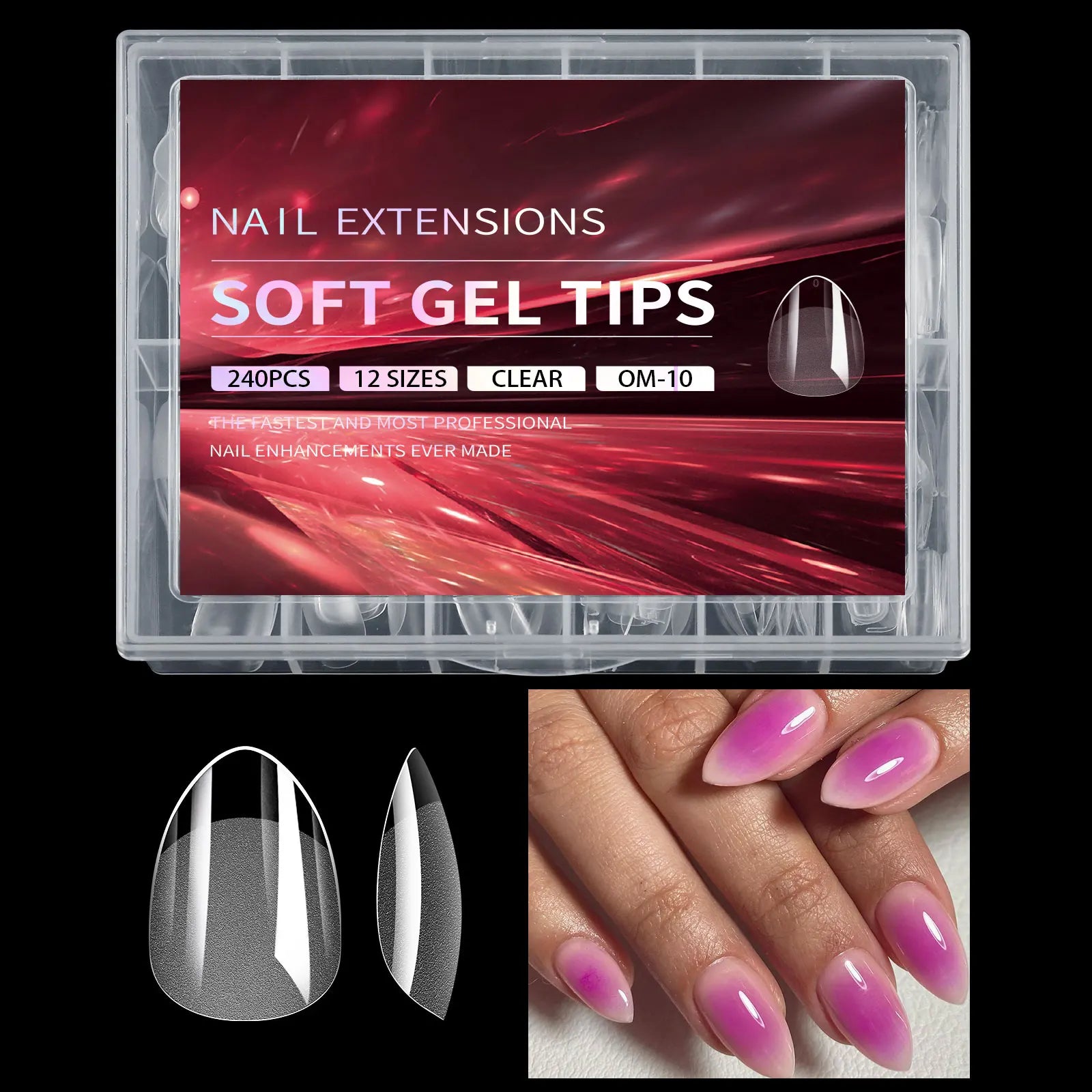 Box of nail extensions with soft gel tips, including a close-up of nails with pink and clear gel tips.
