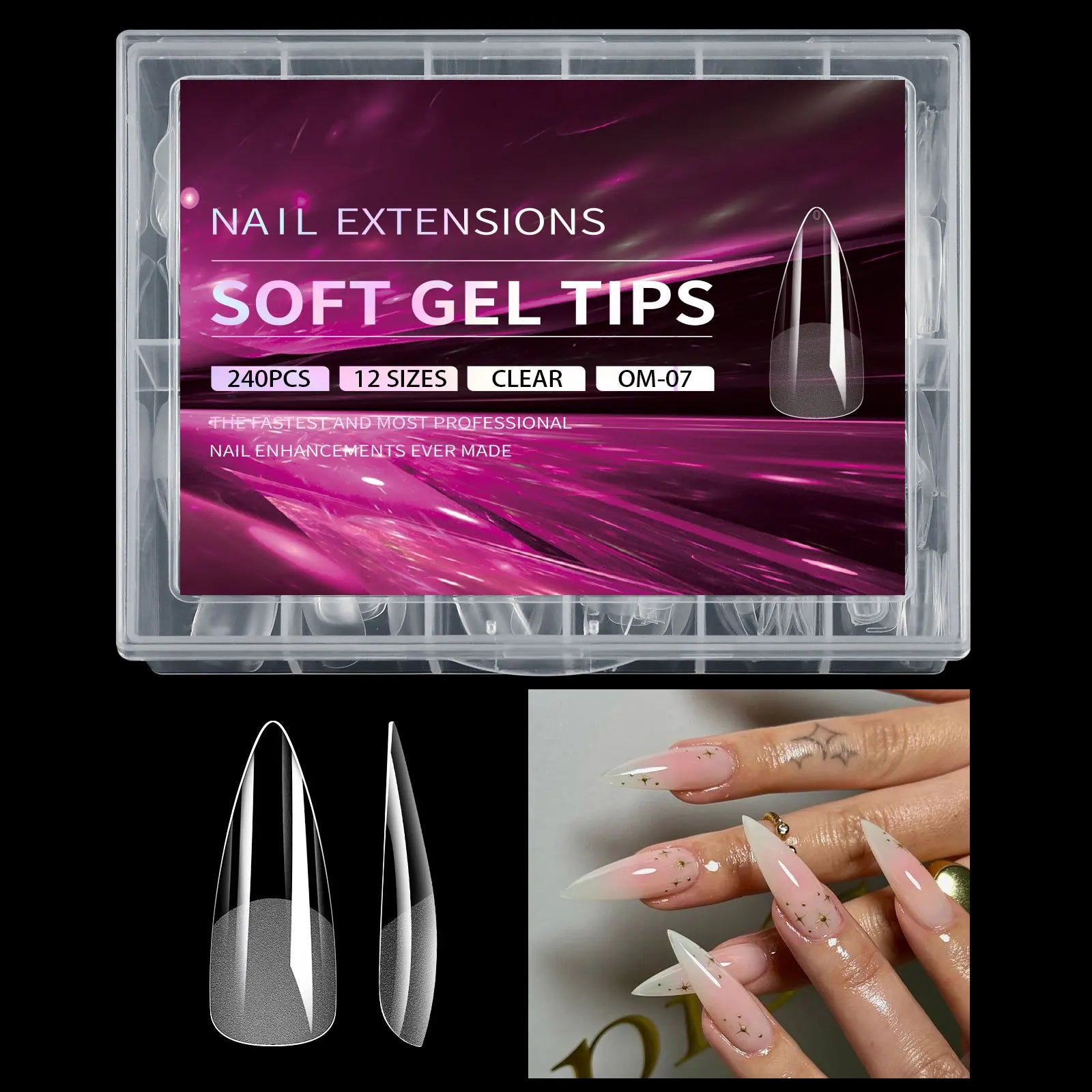 Nail extension kit with soft gel tips packaging, nail tips, and a hand with applied nails.