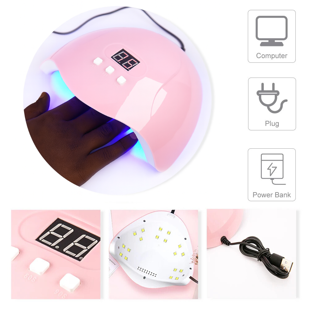 Pink nail dryer with computer, plug, and power bank icons, and a digital display.