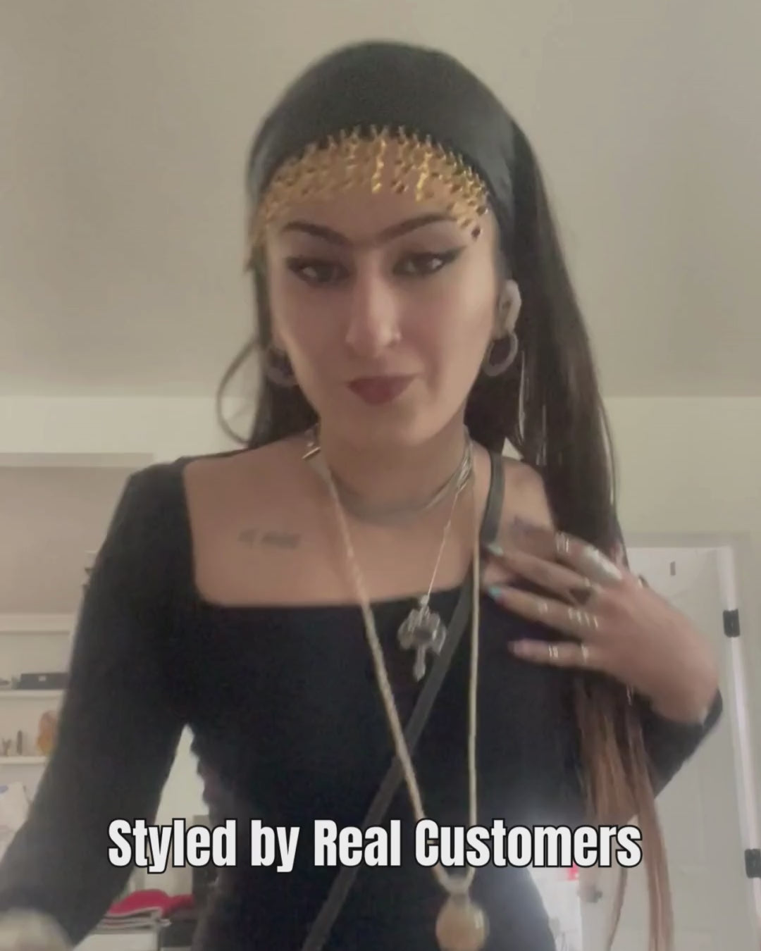 video of customer wearing Kali black bandana bang